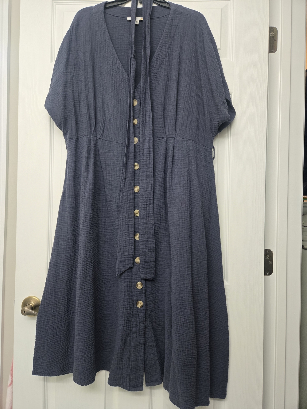 C&C California Slate Blue Button-Front Gauze Midi Dress with Tie Waist